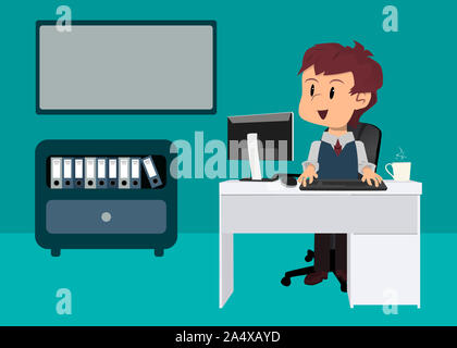 Im Büro am Schreibtisch vor dem Computer sitzen, um ein leeres Whiteboard zu füllen. Flat Style Design Stockfoto