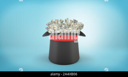 3D-Rendering von einer großen illusionist Hut steht nach oben gerichtet, voll von vielen Dollarnoten auf blauem Hintergrund. Stockfoto