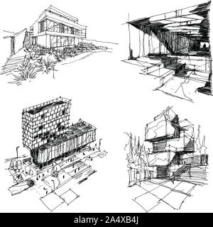 Vier Hand gezeichnet architectectural Skizzen einer modernen abstrakten Architektur mit Menschen um Stock Vektor