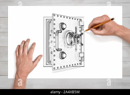 Ein Paar der männlichen Händen in der Nähe Aussicht zeichnet ein Open metal Safe mit einem Stift auf weißem Papier. Stockfoto