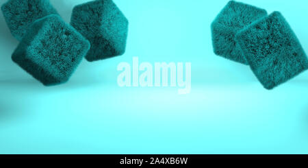 3D-Rendering eines Blauen geometrischen Hintergrund für kommerzielle Werbung. Blau Fell Kugeln. Blau flauschige Haare cube auf blauem Hintergrund Stockfoto