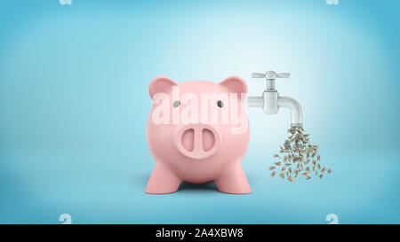 3D-Rendering einer rosa Sparschwein steht in der Vorderansicht mit einem Wasserhahn undicht Dollarnoten auf seine Seite angebracht. Stockfoto