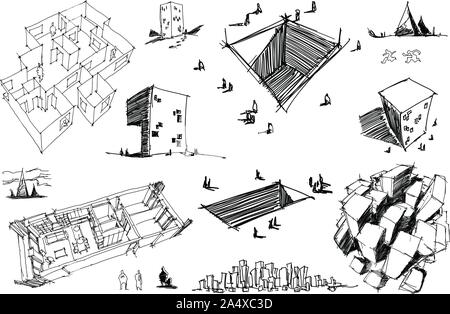 Viele handgezeichnete architectectural Skizzen einer modernen abstrakten Architektur nad geometrische Objekte und städtischen Ideen und Entwürfe. Stock Vektor