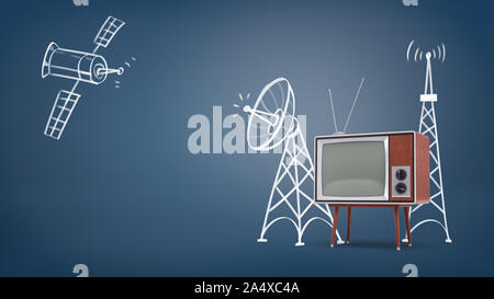 3D-Rendering für eine Kreide gezeichnet space Satelliten und Sat-Türme in der Nähe eines großen retro TV auf die Beine stellen. Stockfoto