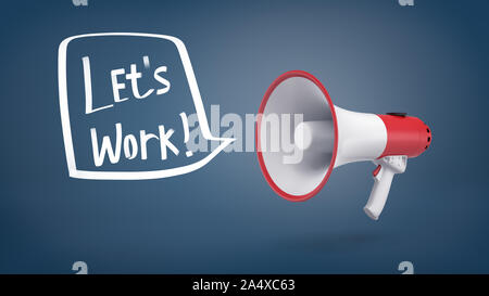 3D-Rendering von einer roten und weißen Megaphon hängt auf einem blauen Hintergrund mit einer Sprechblase holding Worte lassen Sie arbeiten. Stockfoto