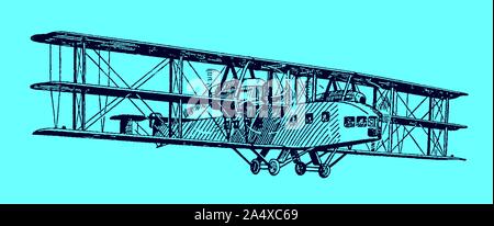 Fliegende historische Propellermaschinen Dreidecker airliner Fahrgäste transportiert. Abbildung auf einem blauen Hintergrund Nach einer Lithographie aus den frühen 20c Stock Vektor