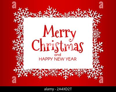 Weihnachten roten Hintergrund. Frohes Neues Jahr Banner. Hell leuchtende Weihnachten Text mit weißen Schneeflocken. Weihnachten Aufkleber auf roten Hintergrund. Winterurlaub pos Stock Vektor
