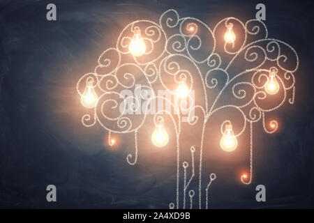 3D-Rendering von großen behandschuhung Sammlung von Glühbirnen wachsen auf einer kurvigen leuchtenden Baum. Stockfoto