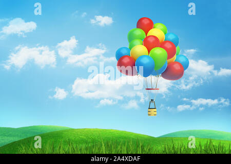 3D-Rendering der vielen bunten Luftballons teilweise mit einem Korb unter Fliegen über eine grüne und sonnige Tal. Stockfoto