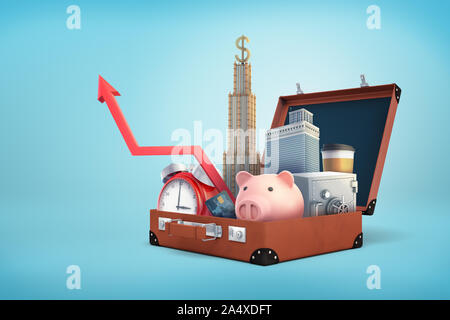 3D-Rendering für eine offene retro Koffer Holding ein Sparschwein, Wolkenkratzer, Safe, Kreditkarte und ein Pfeil nach oben. Stockfoto