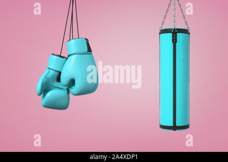 3D-Rendering von großen Paar blaue Boxing mitts hängt, in der Nähe von einem blauen Boxen Tasche auf einem rosa Hintergrund. Stockfoto