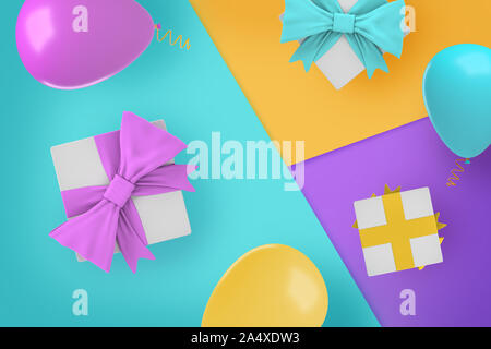3D-Rendering für eine mehrere Geschenkboxen und Party Ballons der Vertrag Farben auf Kontrast Hintergrund Abschnitte. Stockfoto