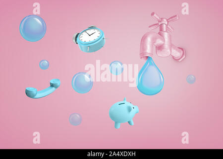 3D-Rendering von großen rosa Wasser mit einem riesigen blauen Wasser tropft von Fallen, es in der Nähe ein Sparschwein tippen, ein Telefon und einen Wecker. Stockfoto