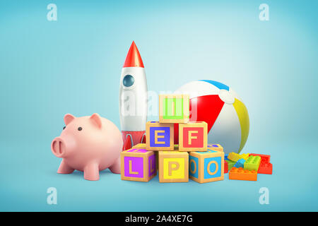 3D-Rendering von piggy Bank, mehrere Alphabet Würfel, Spielzeug, eine Rakete und eine große aufgeblasene bunter Gummiball auf einem blauen Hintergrund. Stockfoto