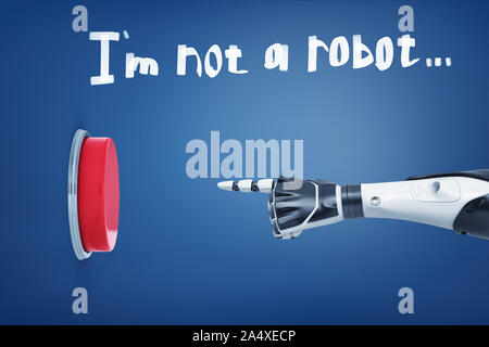 3D-Rendering des weißen Roboterarm verweist auf eine große rote Taste unter einem Satz Ich bin kein Roboter oben geschrieben. Stockfoto