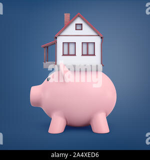 3D-Rendering von großen pink piggy Bank hält ein kleines Haus mit einem roten Dach auf dem Rücken. Stockfoto