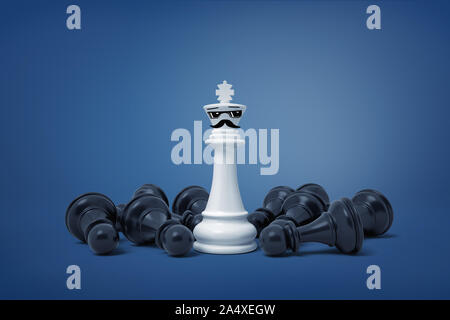 3D-Rendering des Weißen chess King mit bemalten Gläser und Schnurrbart steht umgeben von Gefallenen schwarzen Bauern. Stockfoto