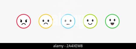 Der Vektor Emoticons mit unterschiedlichen Emotionen. Feedback Skala, die Überprüfung und Bewertung der Waren oder Dienstleistungen Qualität. Runde emoji mit hellen Stock Vektor