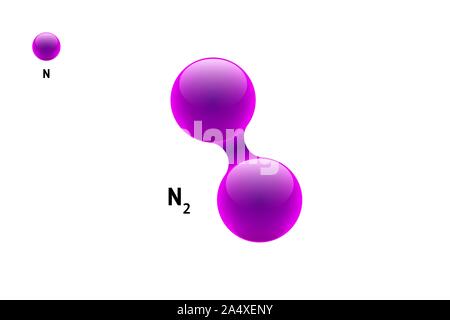 Chemie-Modell Molekül Stickstoff N2 wissenschaftliche Physik Element Formel. Integrierte Partikel natürliche anorganische 3d Azote Molekülstruktur bestehend. Zwei Volumen Atom Vektor Kugeln Stock Vektor