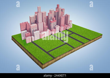 3D-Darstellung eines Modells der ein Grundstück mit einem Cluster von hohen Geschäft Gebäude stehen in der Nähe einer Kreuzung von Straßen. Stockfoto