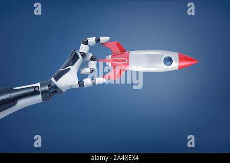 3D-Rendering von großen robotic Hand hält vorsichtig eine Metall retro Rocket zwischen seinen Fingern. Stockfoto