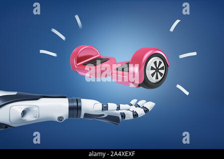 3D-Rendering des offenen Roboterhand mit einem roten selbst Balancing board schwebt über ihm. Stockfoto