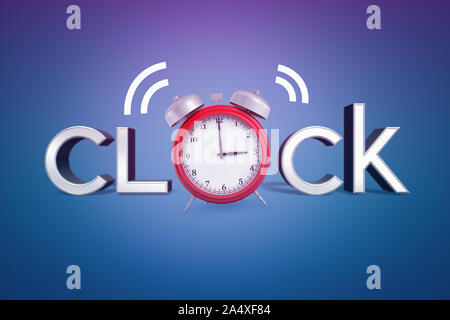3D-Rendering des Wortes 'Uhr' mit einem roten Wecker ausgeschaltet wird anstelle von Buchstaben O auf blauem Hintergrund. Stockfoto