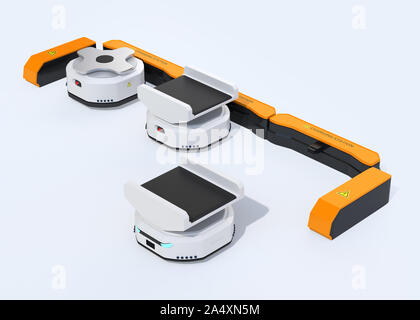 Autonome Mobile Roboter Laden in der Ladestation. Lager Automatisierungskonzept. 3D-Bild. Stockfoto