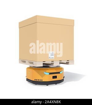 Autonomer mobiler Roboter, die Palette von Karton auf weißem Hintergrund. 3D-Bild. Stockfoto