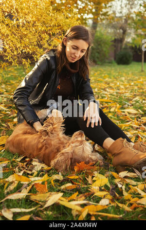 Frau mit American Cocker Spaniel spielt im Herbst Park Stockfoto