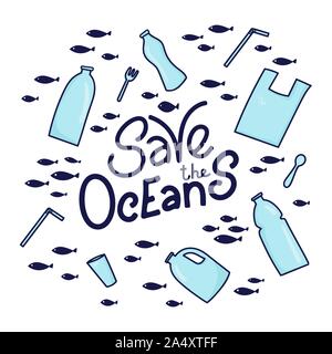 Speichern Sie die ocean Hand gezeichnet Schriftzug. Plastik Müll (Beutel, Flasche, Besteck) im Ozean Grafik Design. Vector Illustration in doodle Stil. Ozean Konzept Schützen Stock Vektor