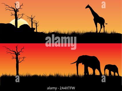 Zwei Vektoren der afrikanischen Tiere im Sonnenuntergang Stock Vektor