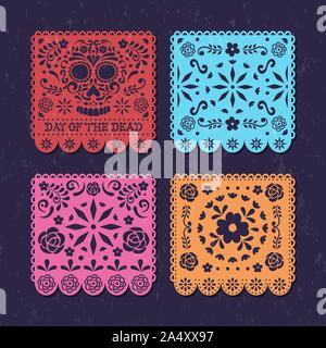 Tag der Toten papercut Banner für traditionelle mexikanische Holiday event. Papel picado Kunstsammlung mit Schädeln und Blumen. Stock Vektor