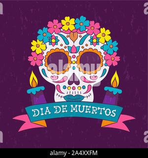 Tag der Toten Sugar Skull Grußkarte für mexikanische Feier, traditionelle Mexiko Skelett Dekoration mit Kerzen und Blumen. Stock Vektor