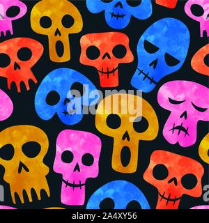 Bunte Aquarelle Schädel nahtlose Muster, lustige Smiley Face skeleton Cartoon zum Tag der Toten oder halloween Urlaub Hintergrund. Stock Vektor