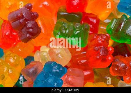 Haufen Süßigkeiten Gummibärchen Hintergrund schliessen. Stockfoto
