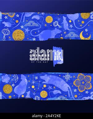 Chinesisches Neujahr 2020 Grußkarte blau Aquarell maus Tiere, Astrologie Symbole und traditionellen Gold der asiatischen Kultur Hand gezeichneten Symbole. Calligrap Stock Vektor