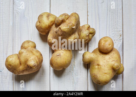 Einige hässliche Kartoffeln auf einem hölzernen Hintergrund. Das Konzept der store Ablehnung von häßlichen Essen. Nicht-GVO-Organische Stockfoto