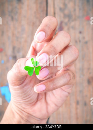 Das Mädchen mit Kleeblatt Konzept für Liebe, Hoffnung und Güte auf altem Holz. Stockfoto