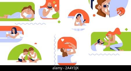 Social Media Konzept für die Website. Guten Morgen. Sammlung Menschen die Kommunikation mittels Smartphone. Die Kommunikation über das Internet, Social Networking Stock Vektor