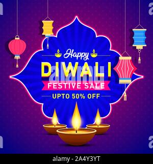 Happy Diwali festliche Verkauf bis zu 50% Rabatt auf das Banner. Verkauf Angebot Logo Design, Aufkleber Konzept, Grußkartenvorlage, Icon, Poster, Aufkleber, Web, Laterne Stock Vektor