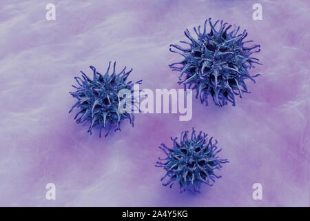 3D-Illustration virale Infektion verursacht chronische Krankheit. Hepatitis Viren, Influenza Virus H1N1, Vogelgrippe, Zelle Organismus infizieren, Aids. Virus Zusammenfassung zurück Stockfoto