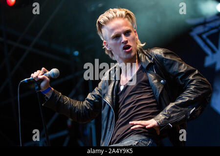 Väsbygruppen H.E.A.T. führt während der väsby Rock Festival. Upplands Vasby, Schweden. Stockfoto