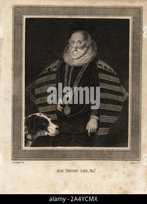 Sir Henry Lee, Ritter des Strumpfband, Höfling, Queen's Meister, Meister der Ordnance zu Königin Elisabeth I. von England, 1533-1611. Abgebildet mit der Hund, der ihm das Leben gerettet, als er von einem Diener angegriffen wurde. Kupferstich von James Basire nach einem Portrait von Mose Griffith von Thomas Pennant Konto von London, Robert Faulder, London, 1790. Stockfoto