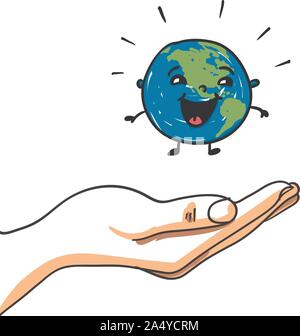 Hand zum Schutz der Erde. Handgezeichneten vektor Cartoon. Geeignet für Umweltschutz, Klimawandel, Ökologie Stock Vektor