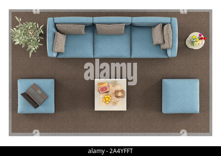 Ansicht von oben ein blaues Sofa, Hocker und Tisch auf dem Teppich, auf weissem Hintergrund - 3D-Rendering Stockfoto