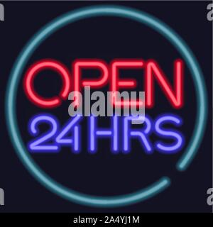 Neon Vector 24 Stunden geöffnet Eingang anmelden. Stock Vektor