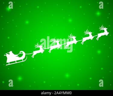 Weihnachten Rentiere sind Durchführung der Weihnachtsmann im Schlitten mit Geschenken. Silhouette mit grünem Hintergrund Stock Vektor