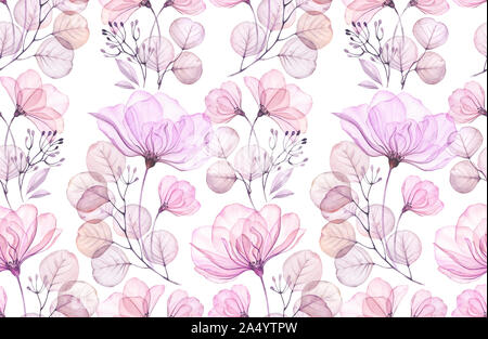 Transparente rose watercolor nahtlose Muster. Hand floral Jahrgang Illustration für Hochzeit Design, Oberfläche, Textilien, Tapeten gezeichnet Stockfoto