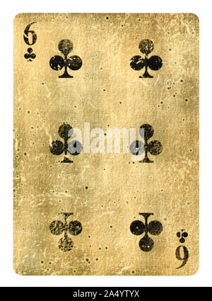 Sechs Vereine spielen Karte - isoliert auf weißem (clipping path enthalten) Stockfoto